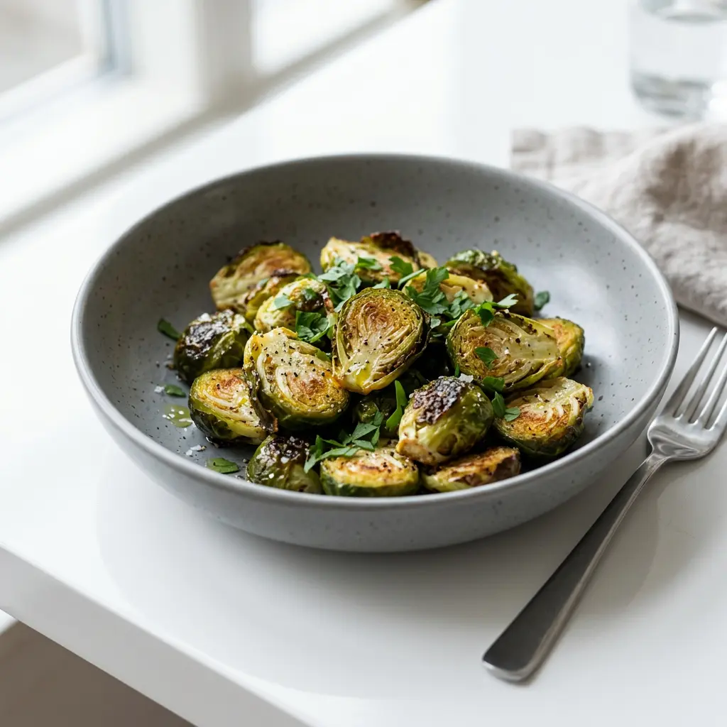 Varză de Bruxelles la friteuza cu aer cald, jumătăți rumenite cu parmezan ras într-un bol